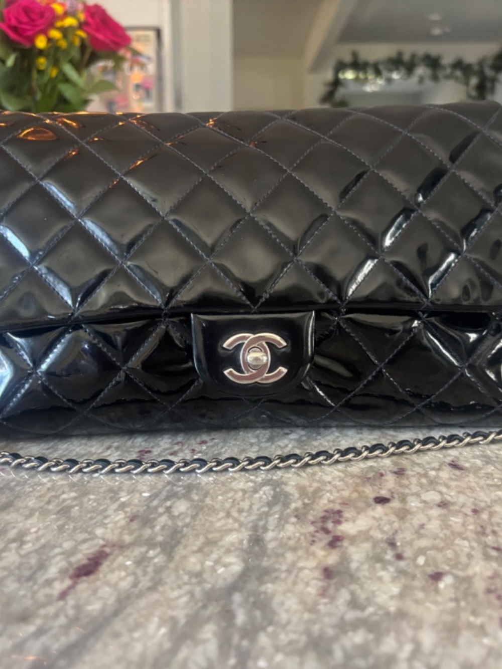 CHANEL Black Patent- Leather Classic Single Flap Shoulder Bag- Silver HW